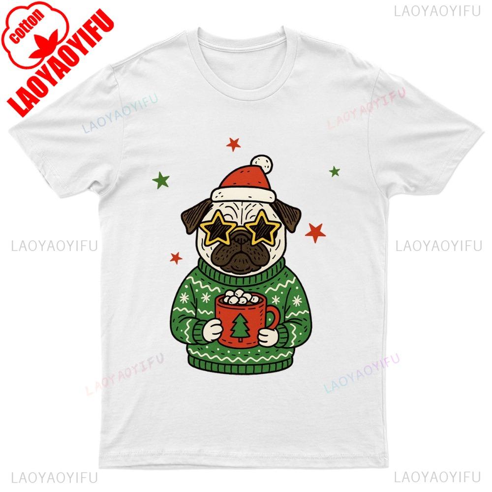 Christmas Holiday Men Cotton TShirt Retro Funny Pug Dog Pet Paw Graphic Casual Daily Wear Holiday Party Festive Christmas Gift S