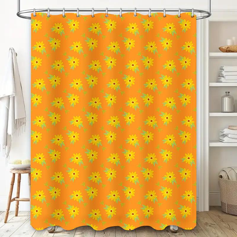 Ljusgul Blommig Duschdraperi Modern Badrumsdekoration för Heminredning Orange Blommönster Vattentålig Badrumsmatta Cover 180
