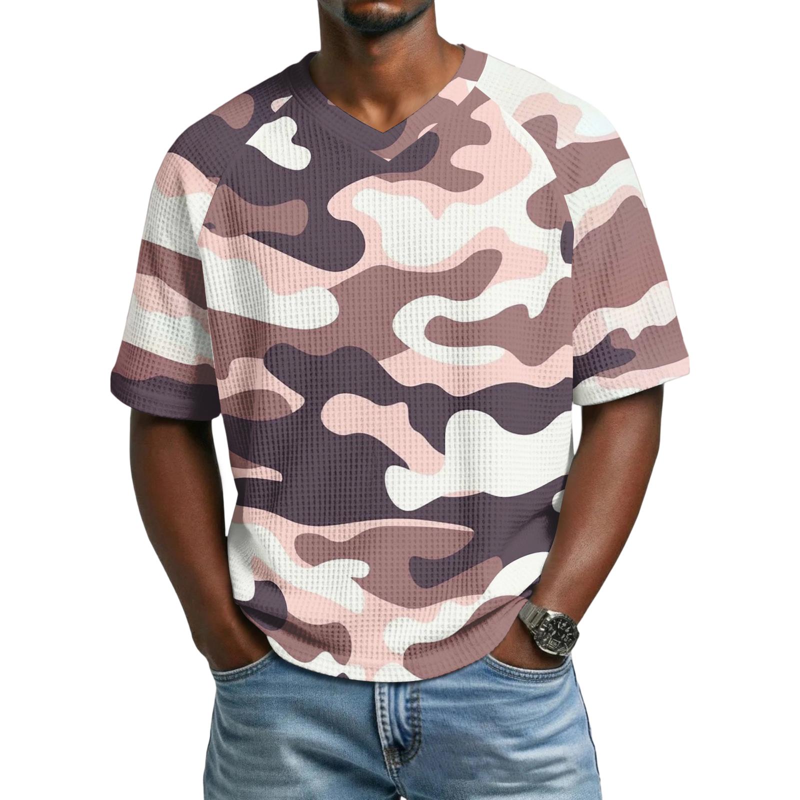 Ionia Heren V-hals Korte Mouw Camouflage Print Casual T-shirt Losse Pasvorm Lichtgewicht Ademend Top voor Dagelijks Gebruik XXXL roze