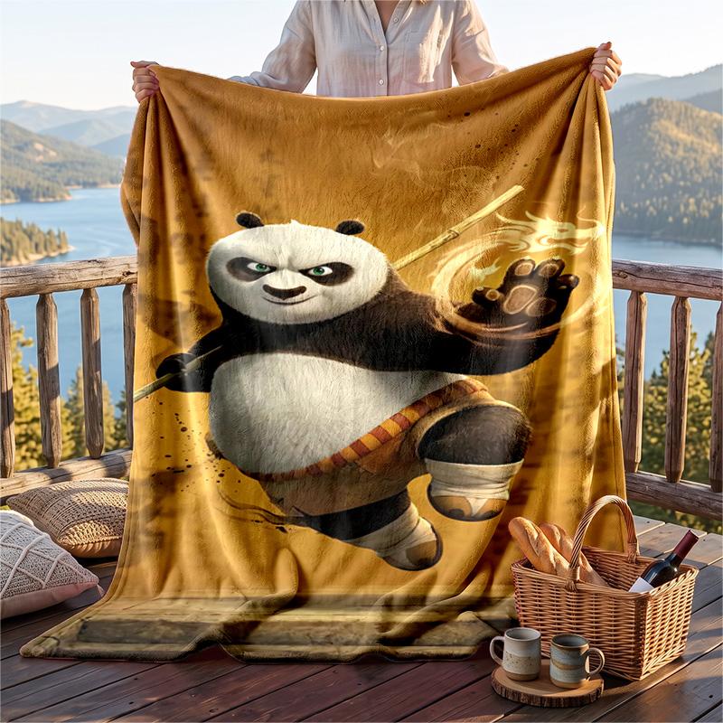 Warm Flannel Blanket Kung Fu Panda Pattern, Lightweight Comfortable Throw Blanket for Bed Sofa Use