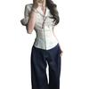 Women Striped Fitted Waist Short Sleeve Blazer Collar Casual Button Shirt