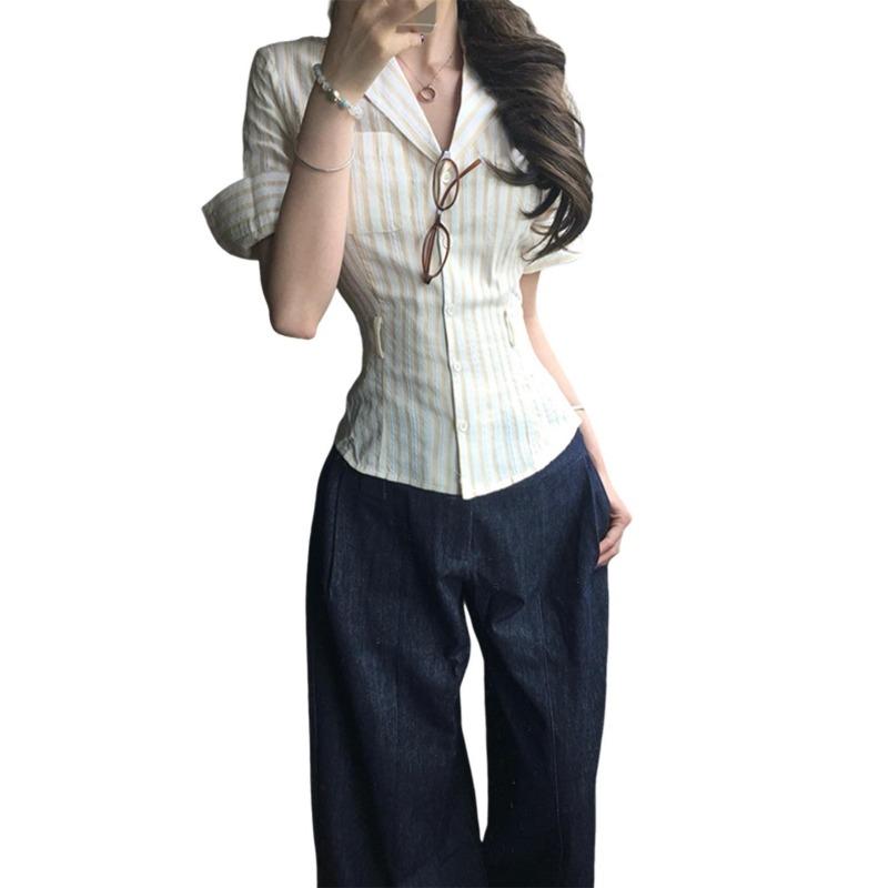 Women Striped Fitted Waist Short Sleeve Blazer Collar Casual Button Shirt