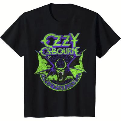 Camiseta Gráfica Neon Morcego Ozzy Osbourne Algodão Masculina Feminina Casual Gola Redonda Manga Curta Preta com Verde Vibrante