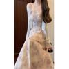 New small French chiffon long dress floral suspender dress two-piece suit female summer