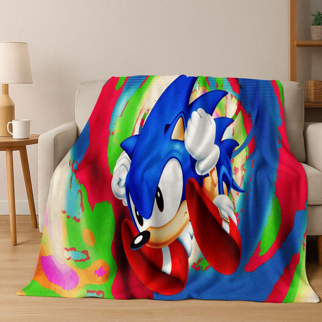 Classic S-Sonic Game Cartoon Hedgehog Flannel Blanket Soft Warm Throw Blanket for Bed Bedroom Room Living Room Travel Picnic Kid