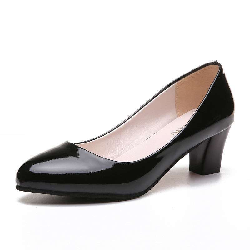 New work single shoes women's casual fashion round head soft leather Korean version medium and high heel leather shoes women's patent leather