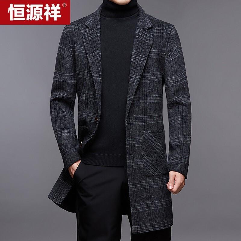 Hengyuanxiang Men's Mid-length Plaid Double-faced Wool Overcoat