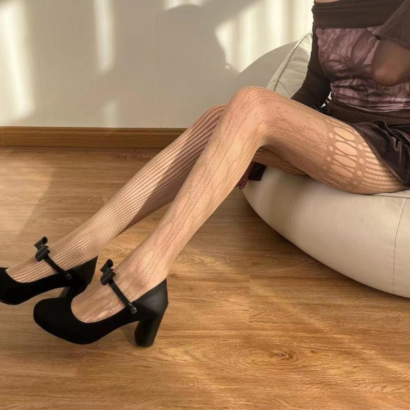 Women Aesthetic Sexy Hollowed Out Fishnet Pantyhose Asymmetrical Lace Patchwork Patterned See Through Tights Stockings