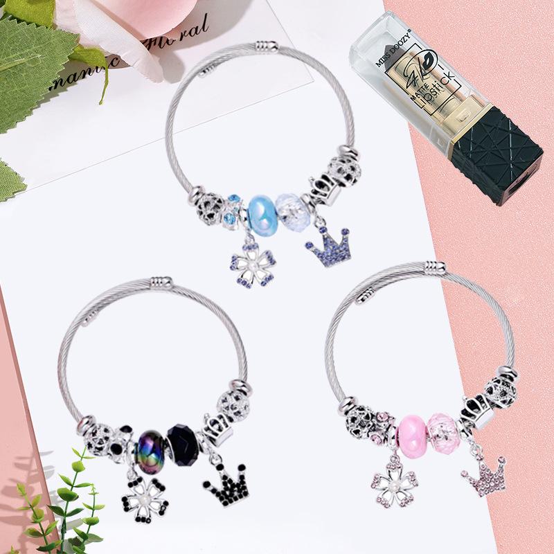 Ladies Hollow Five Petal Flower Bracelet With Diamond Crown Pendant Stainless Steel Bangle Jewelry