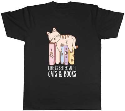 Life Is Better with Cats and Books World Book Day Mens T-Shirt Tee Gift Top