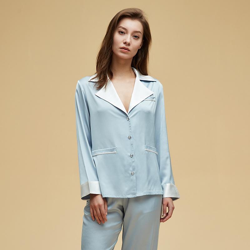 Autumn New Pajama Set Solid Color Satin Loose Loose Home Clothes Sexy Lapel Long-sleeved Cardigan Trousers Pajama Set
