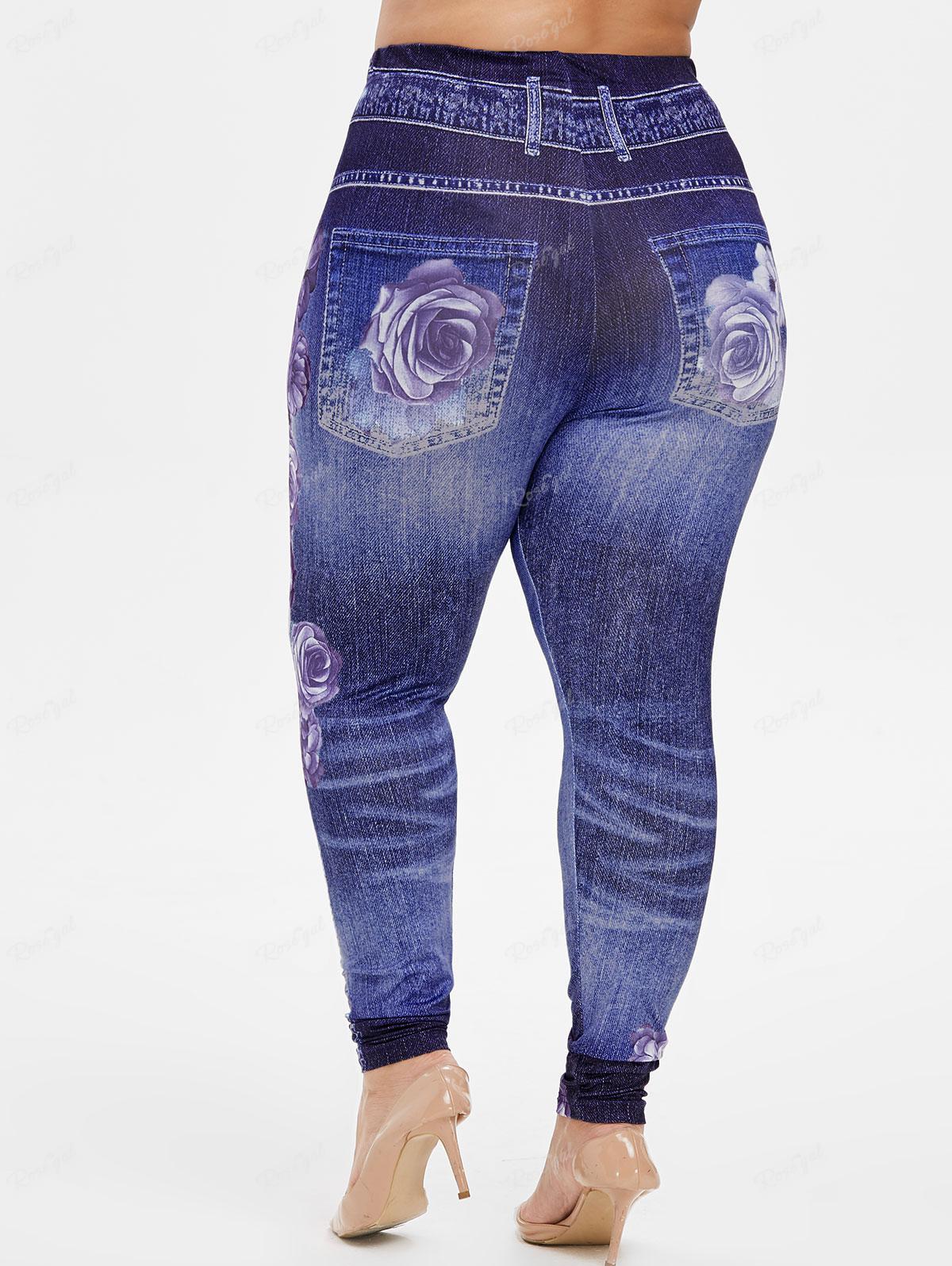Rosegal Большие размеры Джеггинсы с высокой талией и цветочным принтом 3D M глубокий/синий — фото 6