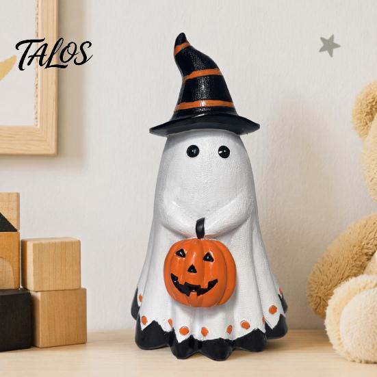 Spooky Ghost Decoration Halloween Figurine, Cute Wearing Hat And Holding Cool Patterns Pumpkin Statue, Resin Ornament for Shelf Tabletop Decor