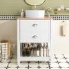 Mobile da Bagno con Lavabo Rotondo in Ceramica – Lavabo Singolo con 2 Cassetti e Vano a Giorno – Autoportante, in Bianco e Effetto Legno