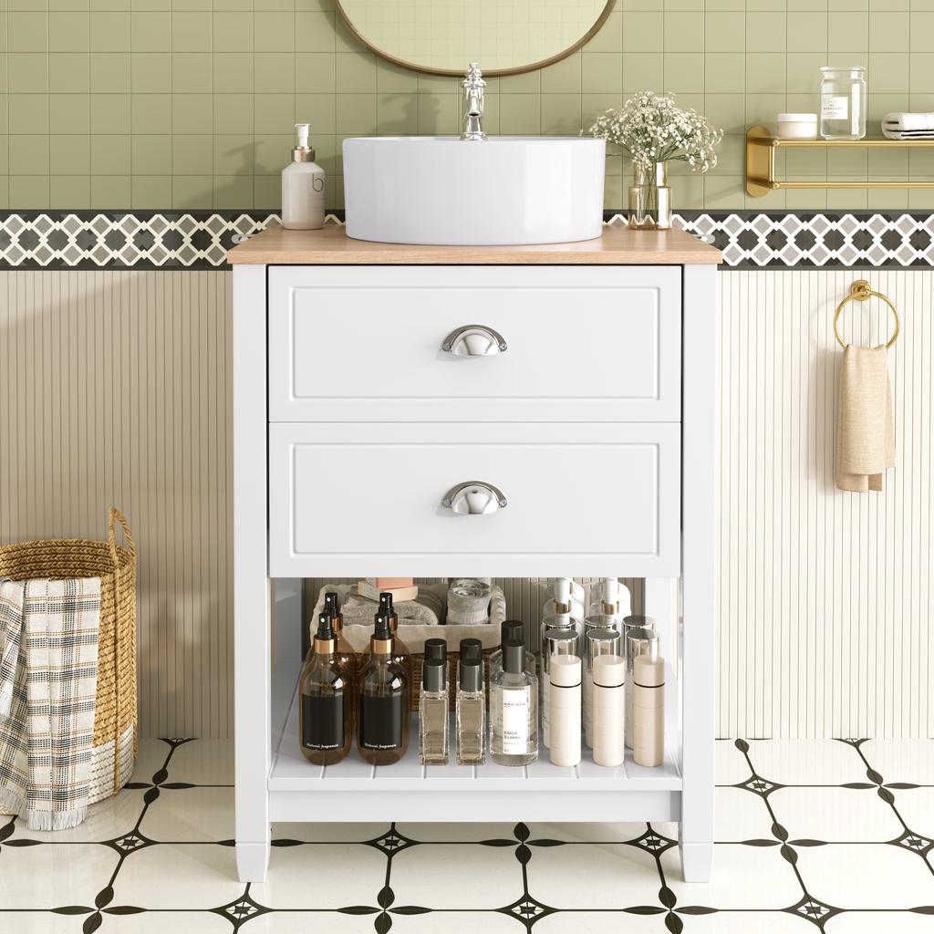 Mobile da Bagno con Lavabo Rotondo in Ceramica – Lavabo Singolo con 2 Cassetti e Vano a Giorno – Autoportante, in Bianco e Effetto Legno