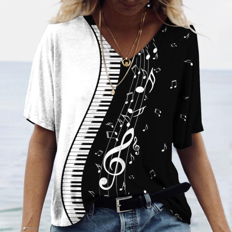 Women' T-shirt Piano 3d Print Everyday Casual Wear Oversized-shirt Funny Short Sleeve T-shirt V-neck Clothing Fitness Sweatshirt