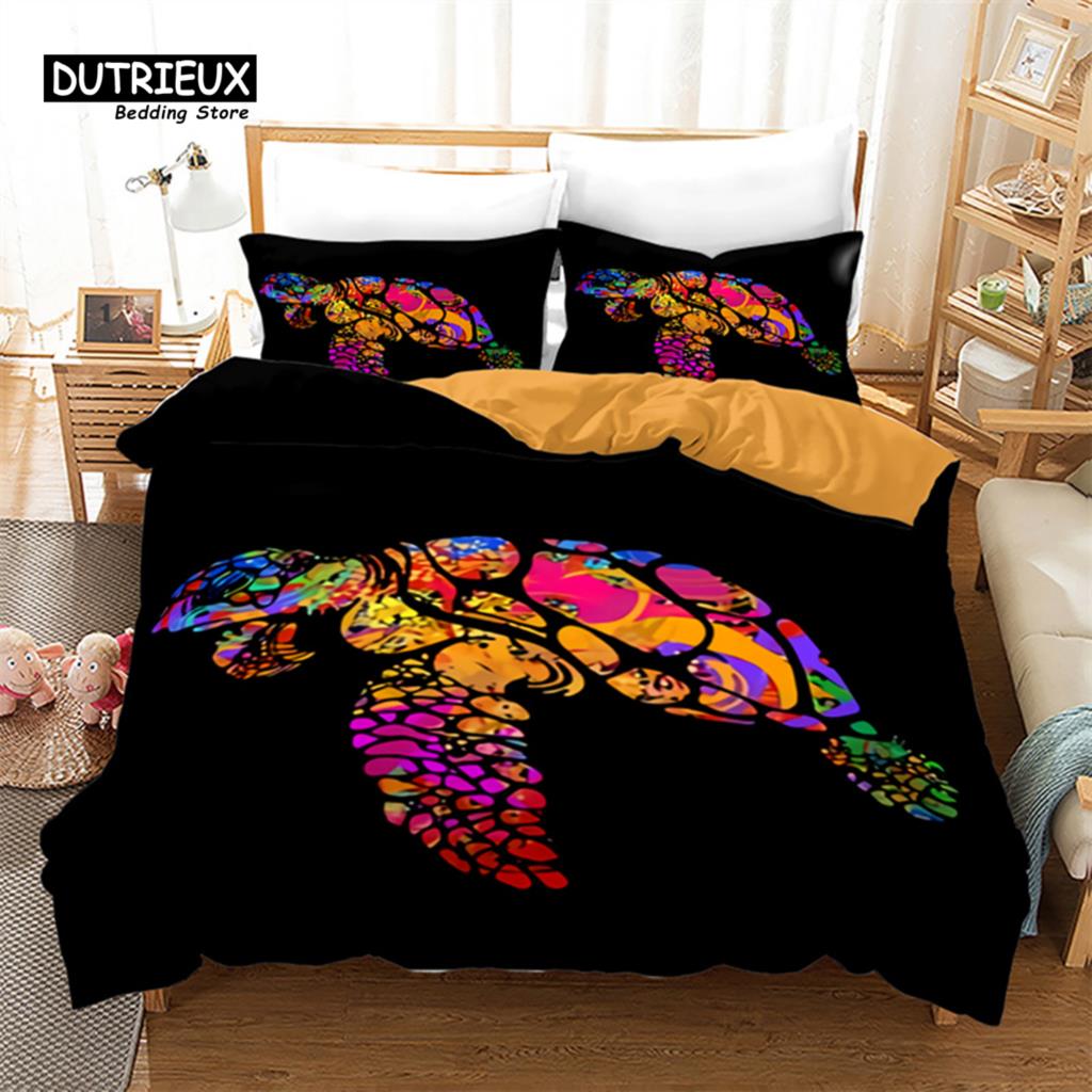 Exotic Turtle Duvet Cover Full King Microfiber Kawaii Sea Animal Comforter Cover Bohemia Tattoo Style Ocean Theme Bedding Set