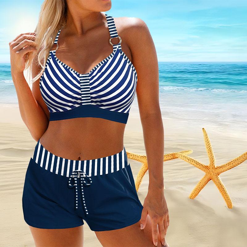 Women's Shoulder Strap Swimsuit with Yellow Grid Print Bikini Short Tank Top Swimsuit