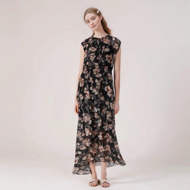 

Foreign Trade Original Order Elegant Elegance French Retro Flocked Printed Waist Slim Looking Chiffon Dress Sleeveless Dress Black Print Euro-M