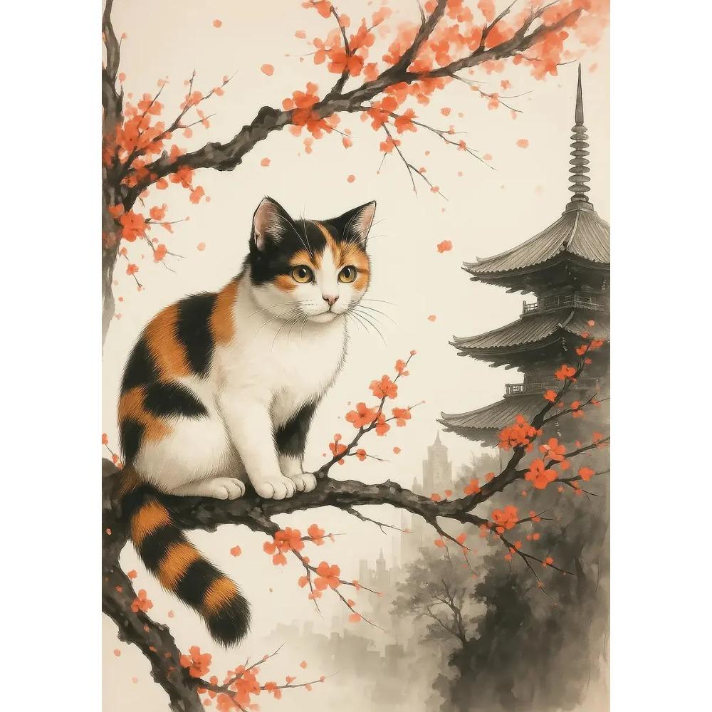 Black Cat Reading in Cozy Bed Orange Cat Cherry Blossom Lotus Landscape Canvas Painting Print Wall Art Picture Room Home Decor