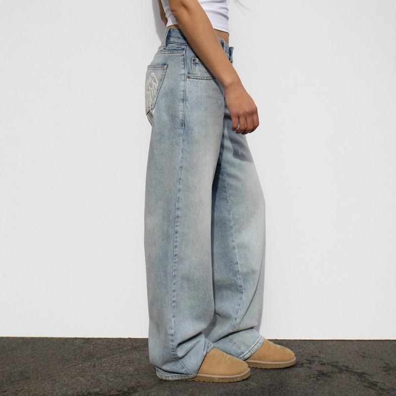 Womens Y2K Washed Distressed Straight Leg Jeans Angel Wings Print Low Rise Loose Fit Streetwear