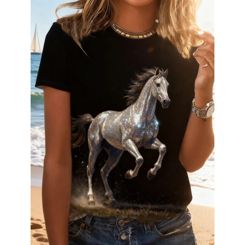 Women's T-shirt 3D Pattern Printed Casual Short Sleeved O-Neck Top Fashionable Street Women's Clothing