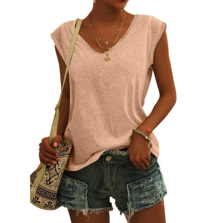 Women Fashion Casual V Neck Loose T-Shirt Solid Color Short Sleeve Top