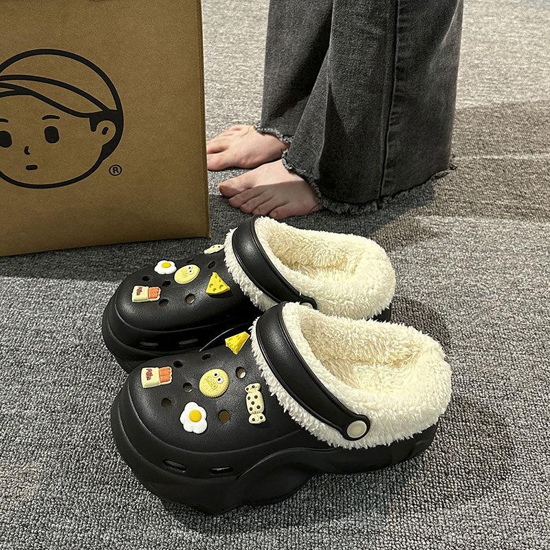 New velvet hole shoes women's winter non-slip outer wear cotton shoes heightened thick-soled home removable cotton slippers