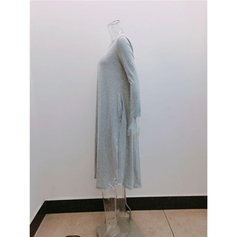 Women's Solid-Color, Straight-Cut, Pocketed, Loose-Fit Dress with Curved Hem for Fall/Winter