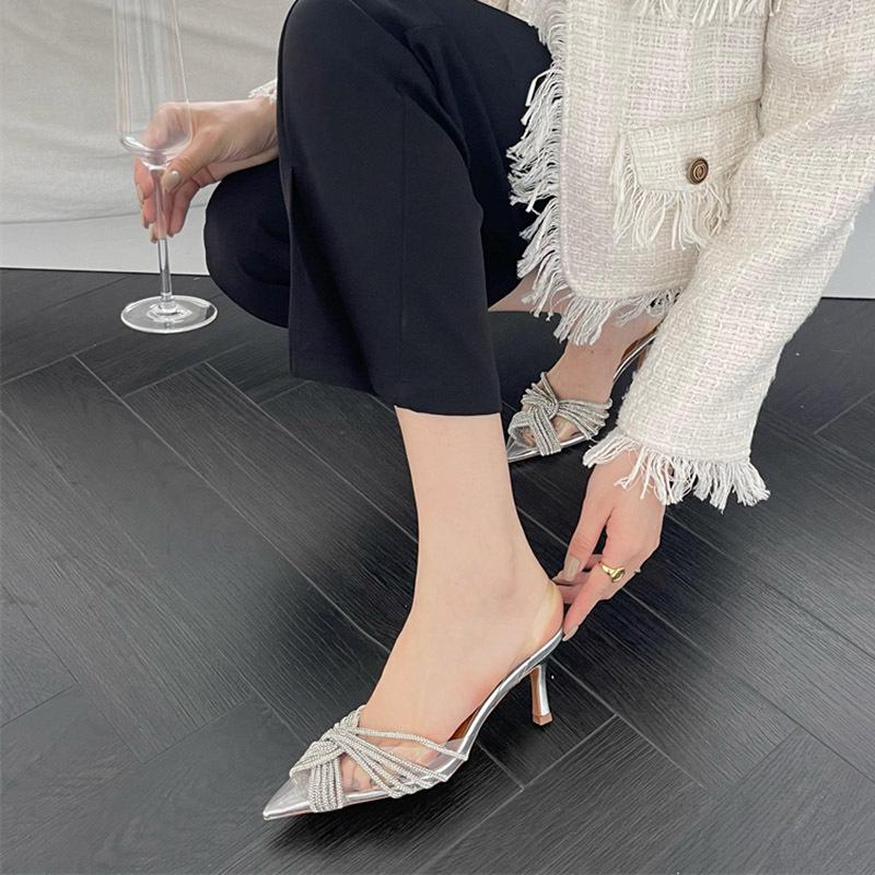French Stiletto Rhinestone Sandals - Silver, Transparent High Heels, Pointed Toe, Hollow Design