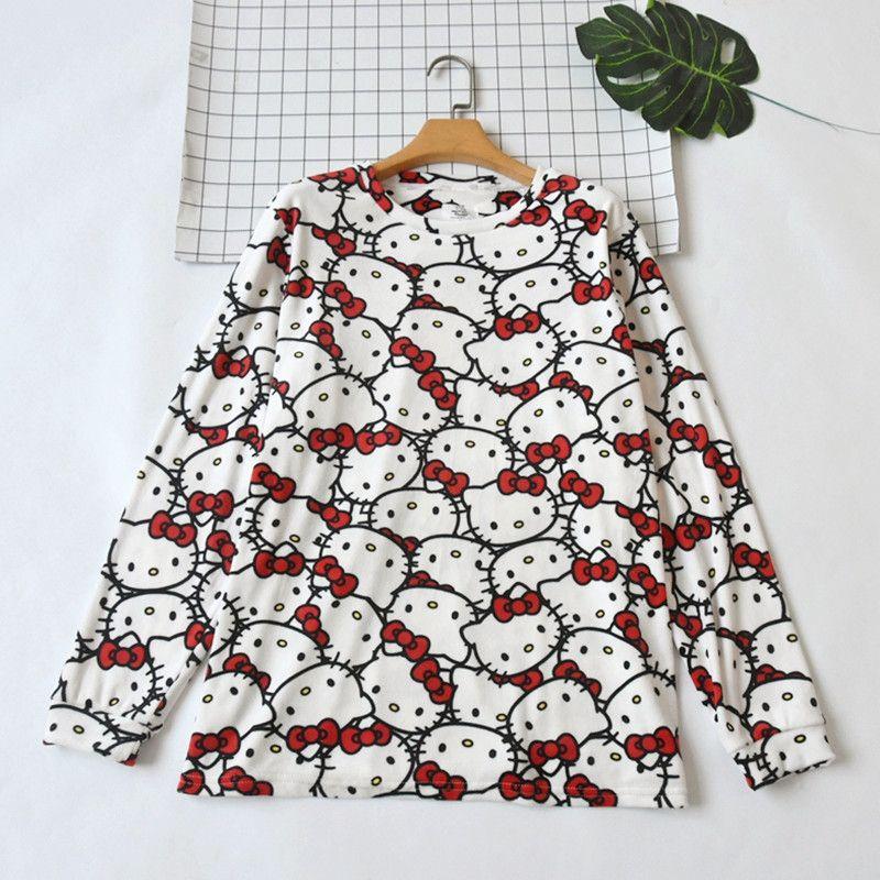 

Export Women s Kitty Cat Cartoon Print round Neck Long Sleeves Pajamas Younger Comfortable Thin Velvet Homewear Tops White XL