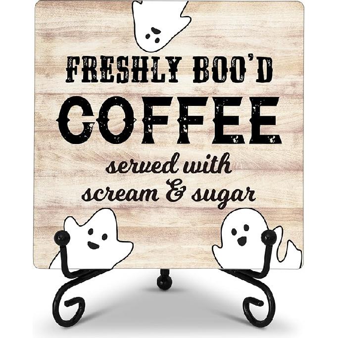 KFNER Halloween Desk Decor Sign, Halloween Decorations For Home Kitchen Farmhouse, Freshly Boo d Coffee, Halloween Gifts For Family Friends, Ghost Freshly Boo d Coffee
