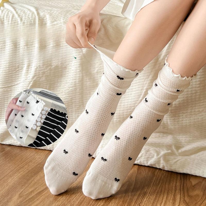Women's Summer Socks with Mesh, Black Fungus Edges, Pile Socks, Lace Bows, Mid-calf Socks, Boneless Breathable Socks