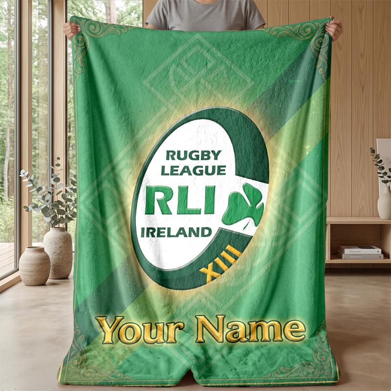 Ireland Rugby Custom Flannel Throw Blanket Print Your Name Text Soft Warm Blanket Holiday Present
