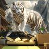Majestic White Tiger Tapestry Wall Hanging, Chinese Ancient Architecture And Mountain Landscape, Mythical Animal Art Decor