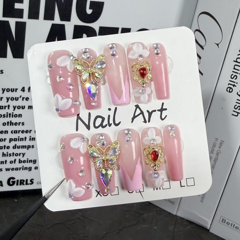 Sweet 3D Floral Embossed Press-On Nails Long Square Shape False Nail Tips Women Small