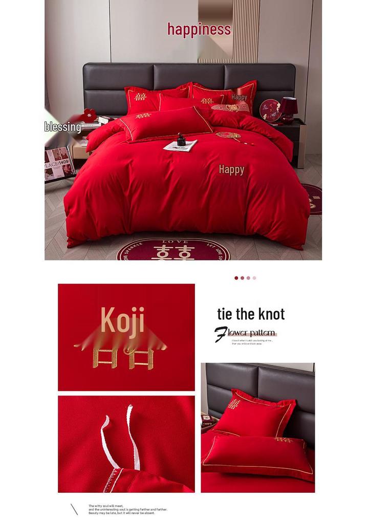 Red Embroidered Wedding Bedding Set: Duvet Cover, Bed Sheet, Pillowcase & Bed Skirt.