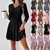 Women Ribbed Knit A Line Dress Long Sleeve V Neck Slim Fit Swing Ruffle Hem Casual Mini Sweater Dress
