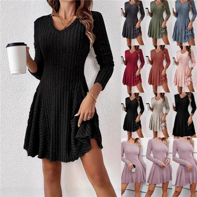 Dames Geribd Gebreide A-lijn Jurk Lange Mouw V-hals Slim Fit Swing Ruche Zoom Casual Mini Trui Jurk