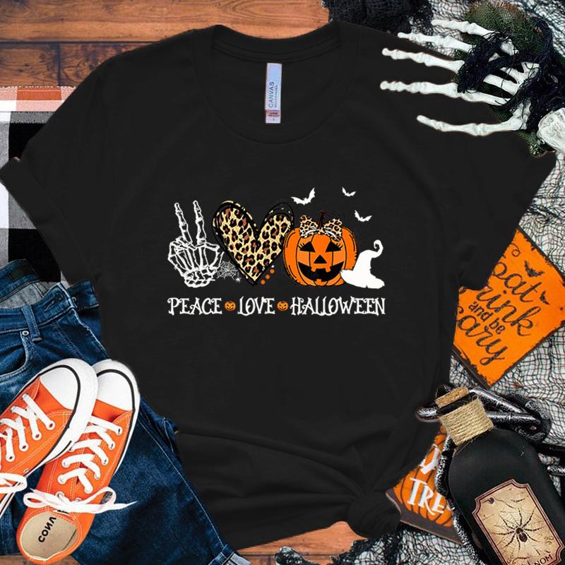 New Peace Love Halloween Print T-Shirts For Women Men Summer Tee Shirt Harajuku Casual Round Neck Short Sleeve Tops