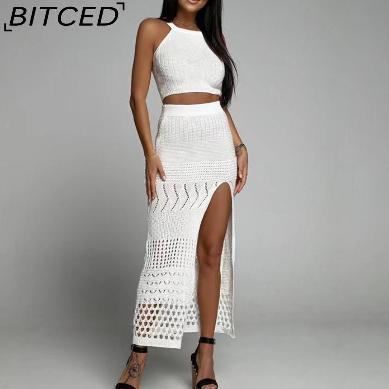 BITCED Sexy Beach Dress Set Summer Sleeveless Knitted Cropped Top Long Split Skirt