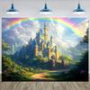 1pc Rainbow Castle Tapestry Wall Hanging - Vibrant Fantasy Landscape with Blue Castle, Colorful Flowers & Lush Greenery