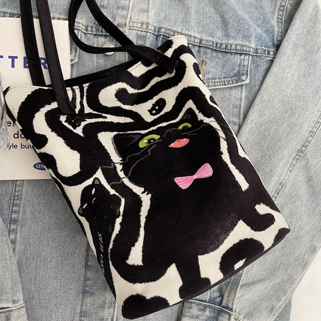 Autumn and winter cute cartoon kitten canvas bag 2025 casual shoulder bag fashion portable large capacity handbag bag