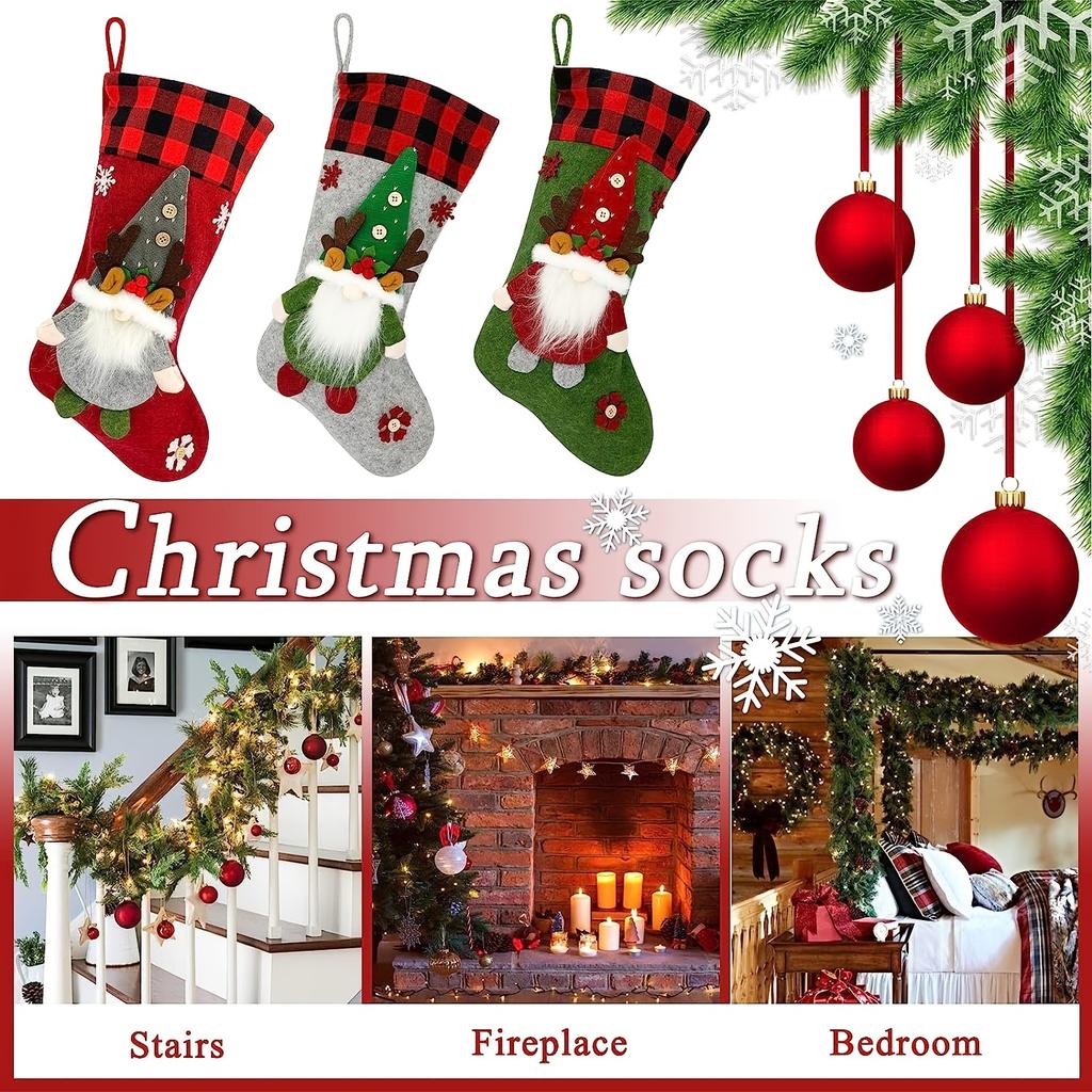 Christmas Socks Youngsters's Large Christmas Socks with Santa Claus, Reindeer, Dwarf, Buffalo Plaid Long Socks Suitable for Christmas Party Decoration