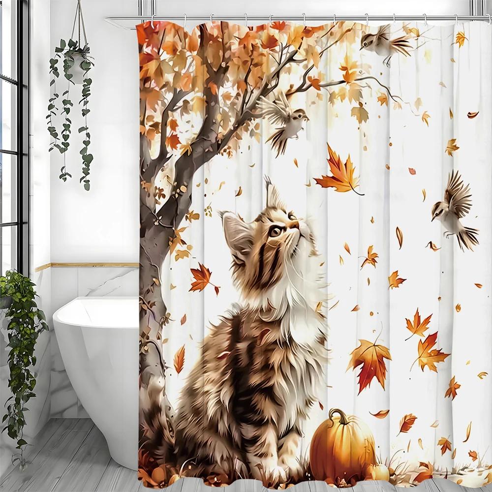 

Fall Harvest Cat Pumpkin Bird Maple Tree Shower Curtain, Bathroom Decorative Shower Curtain, Waterproof Shower Curtain With Hook W60H190(CM)-1 Pcs