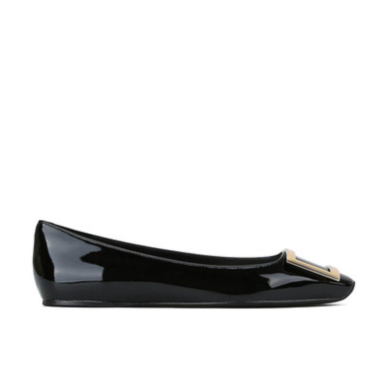 Premium leather square head square buckle shallow mouth versatile flat shoes commuter single shoes women