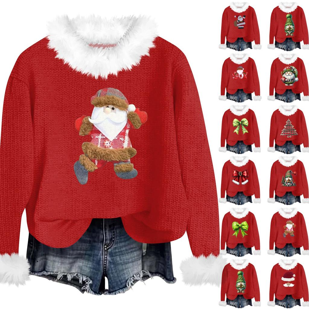 Women's Fashion Casual Long-sleeved Christmas Printed Crew-neck Knit Hoodie Woolly Collar Pullover Top