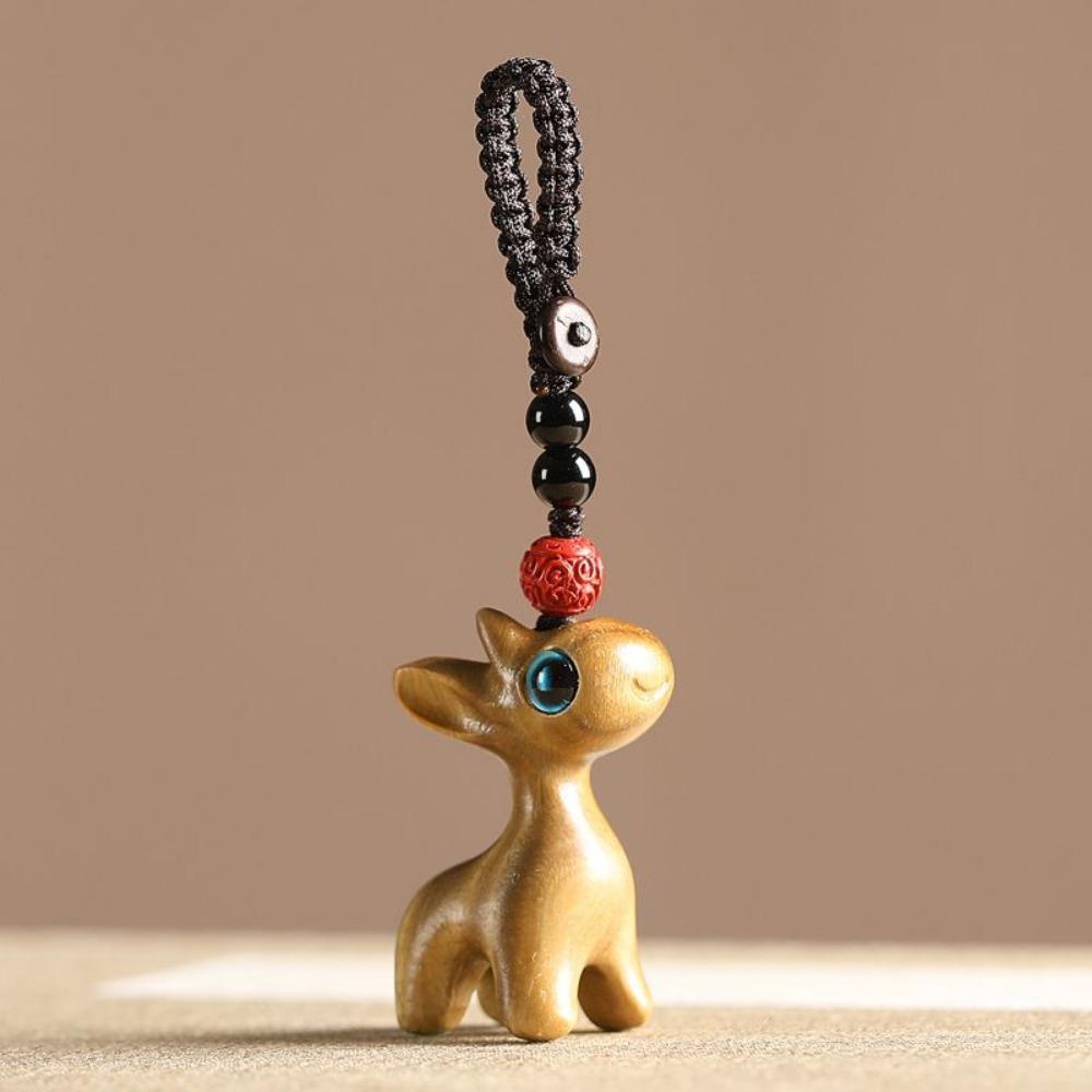 Sandalwood Deer Car Keychain, Pendant, Couple Phone Pendant, USB Disk Chain Hanger, Gift