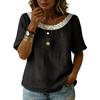 Womens Short Sleeve Loose Fit Blouse with Lace Trim Scoop Neck Casual Solid Pullover Top for Summer Daily Wear
