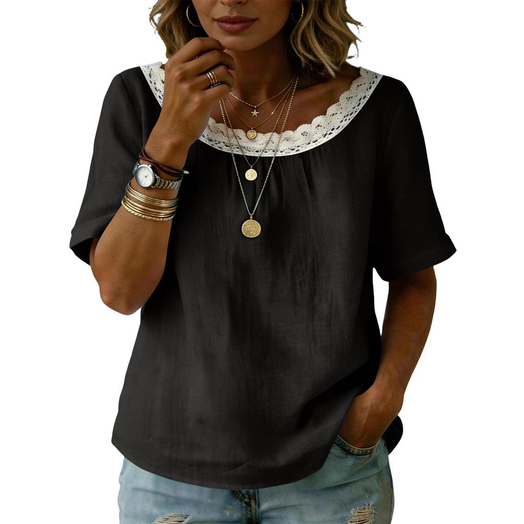 Womens Short Sleeve Loose Fit Blouse with Lace Trim Scoop Neck Casual Solid Pullover Top for Summer Daily Wear